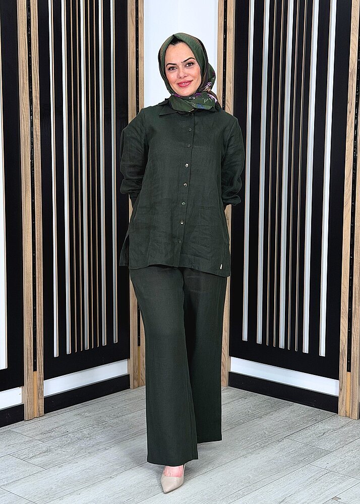 Miss Dalida Beli Lastikli Bol Paça Keten Pantolon KHAKİ (1)