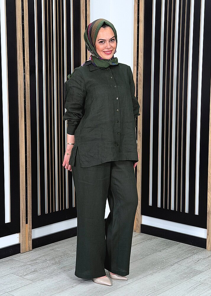 Miss Dalida Beli Lastikli Bol Paça Keten Pantolon KHAKİ - 3
