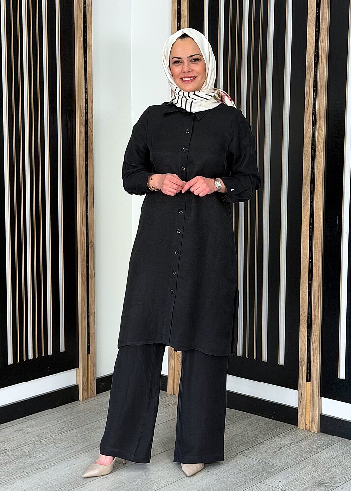 Miss Dalida Cepli İpek Keten Bol Paça Pantolon BLACK - 3