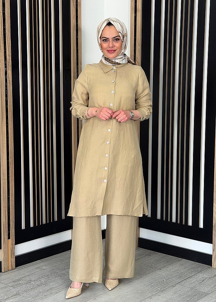 Miss Dalida Cepli İpek Keten Bol Paça Pantolon CAMEL