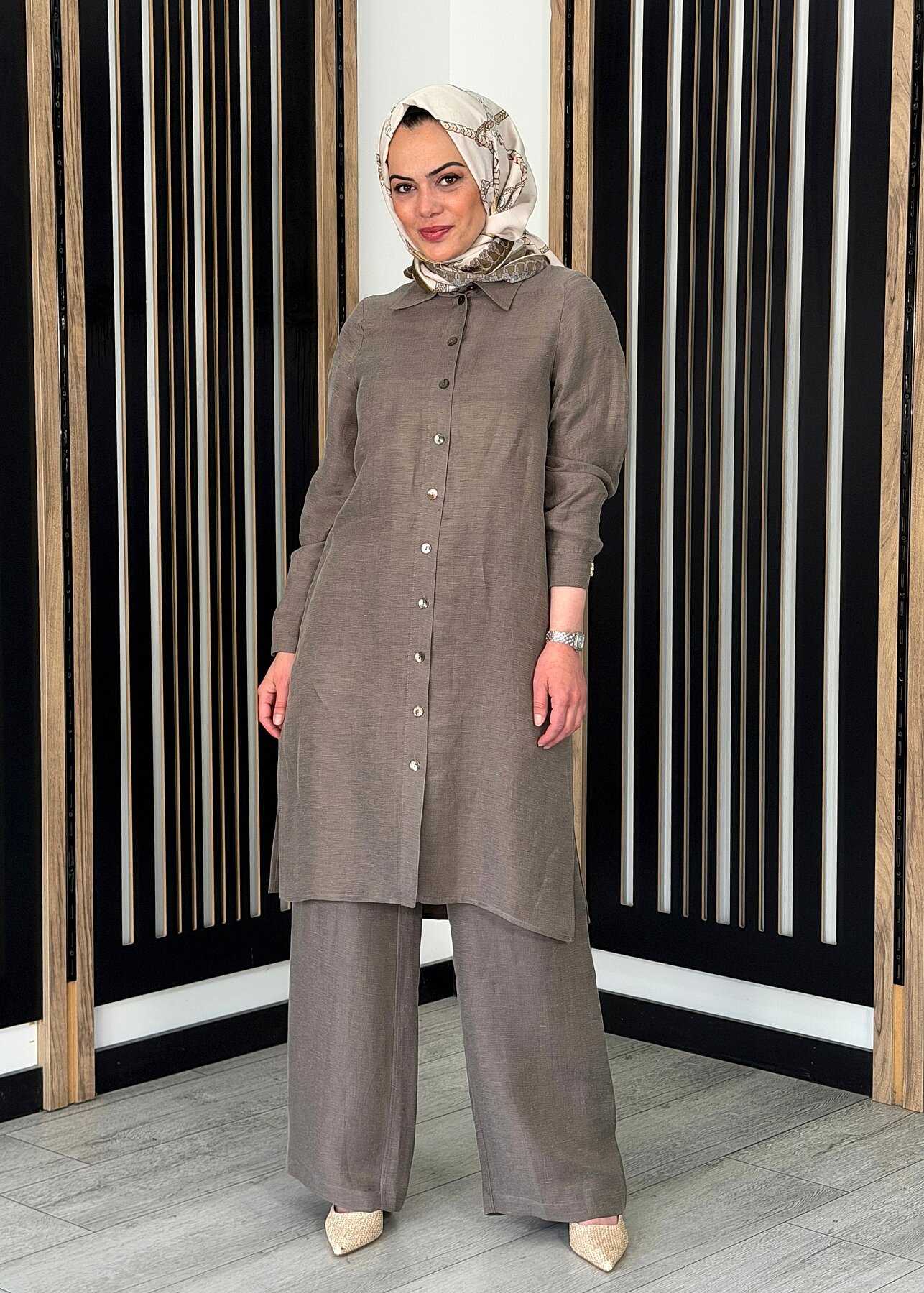 Miss Dalida Cepli İpek Keten Bol Paça Pantolon MİNK - 3