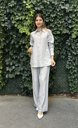 Miss Dalida Düz Renk Bol Paça Keten Pantolon GREY