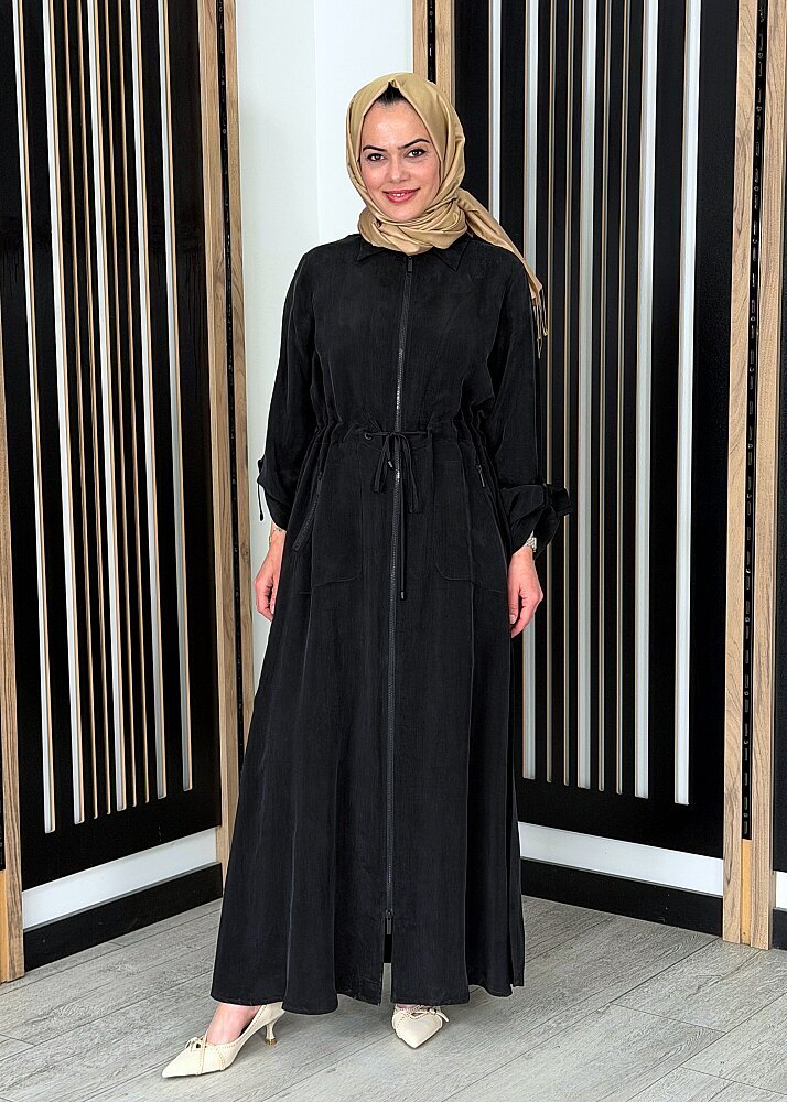 Miss Dalida Fermuarlı Beli Büzgülü Cupro Ceket BLACK - 2