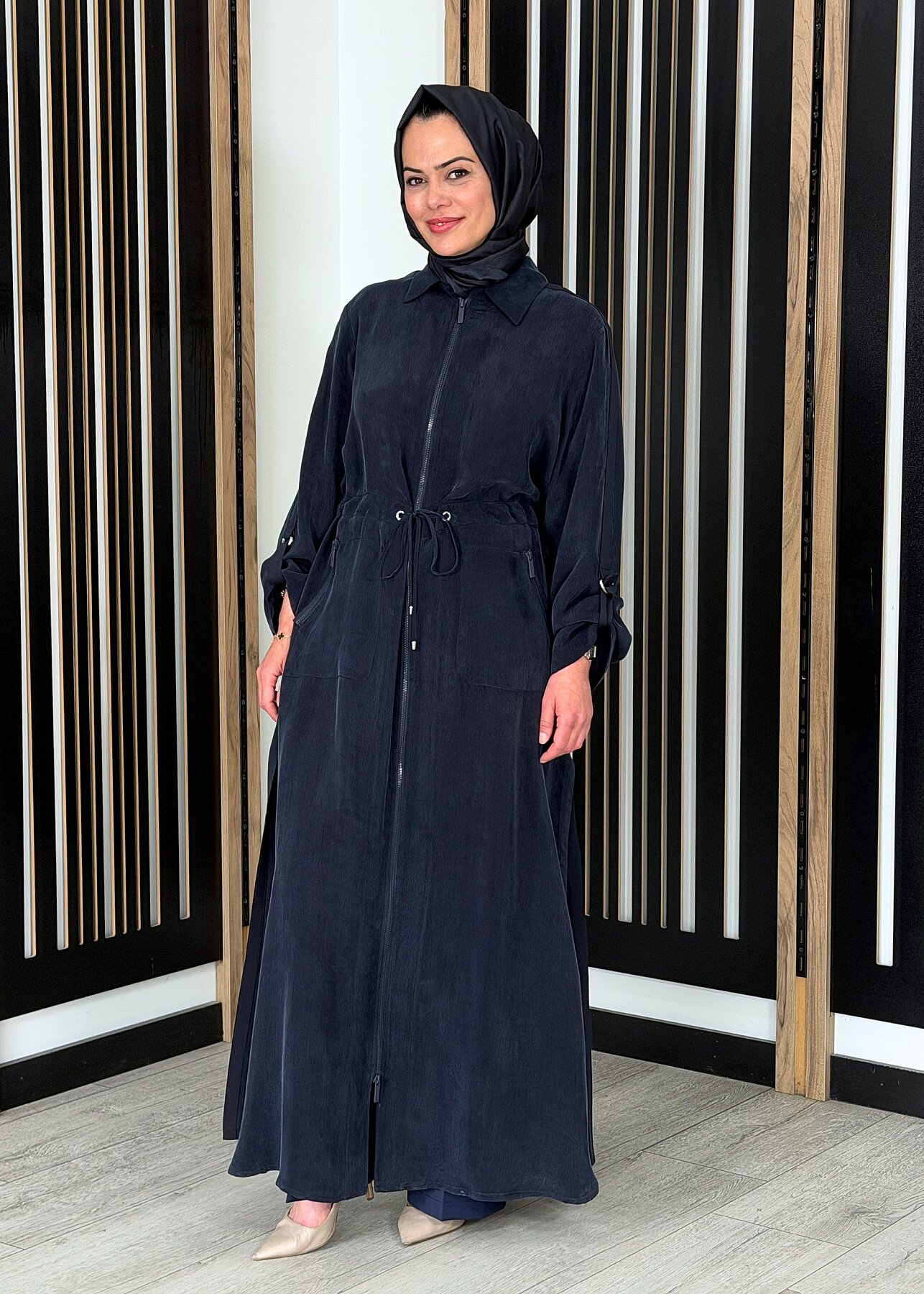 Miss Dalida Fermuarlı Beli Büzgülü Cupro Ceket Dark Navy - 1
