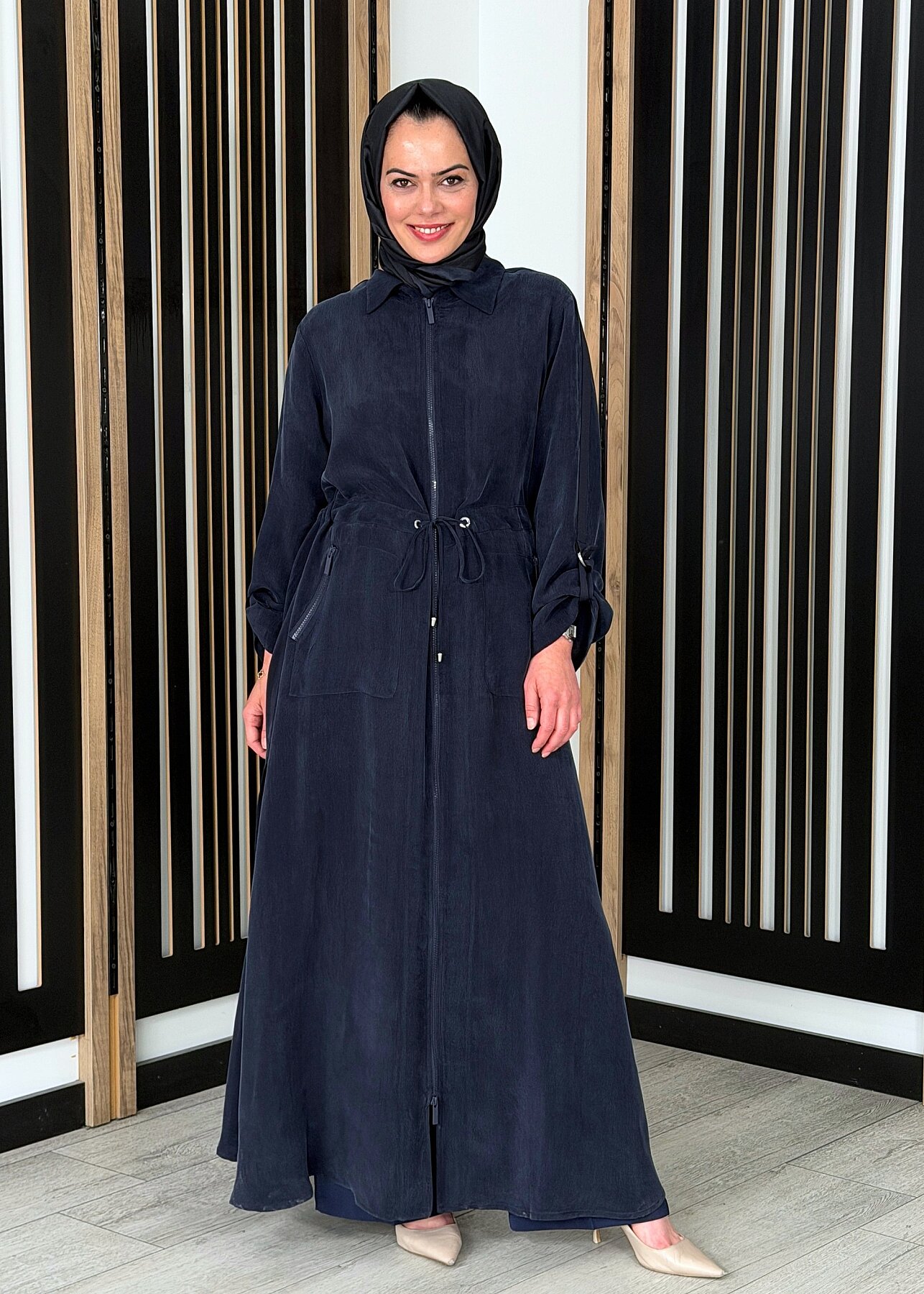 Miss Dalida Fermuarlı Beli Büzgülü Cupro Ceket Dark Navy - 2
