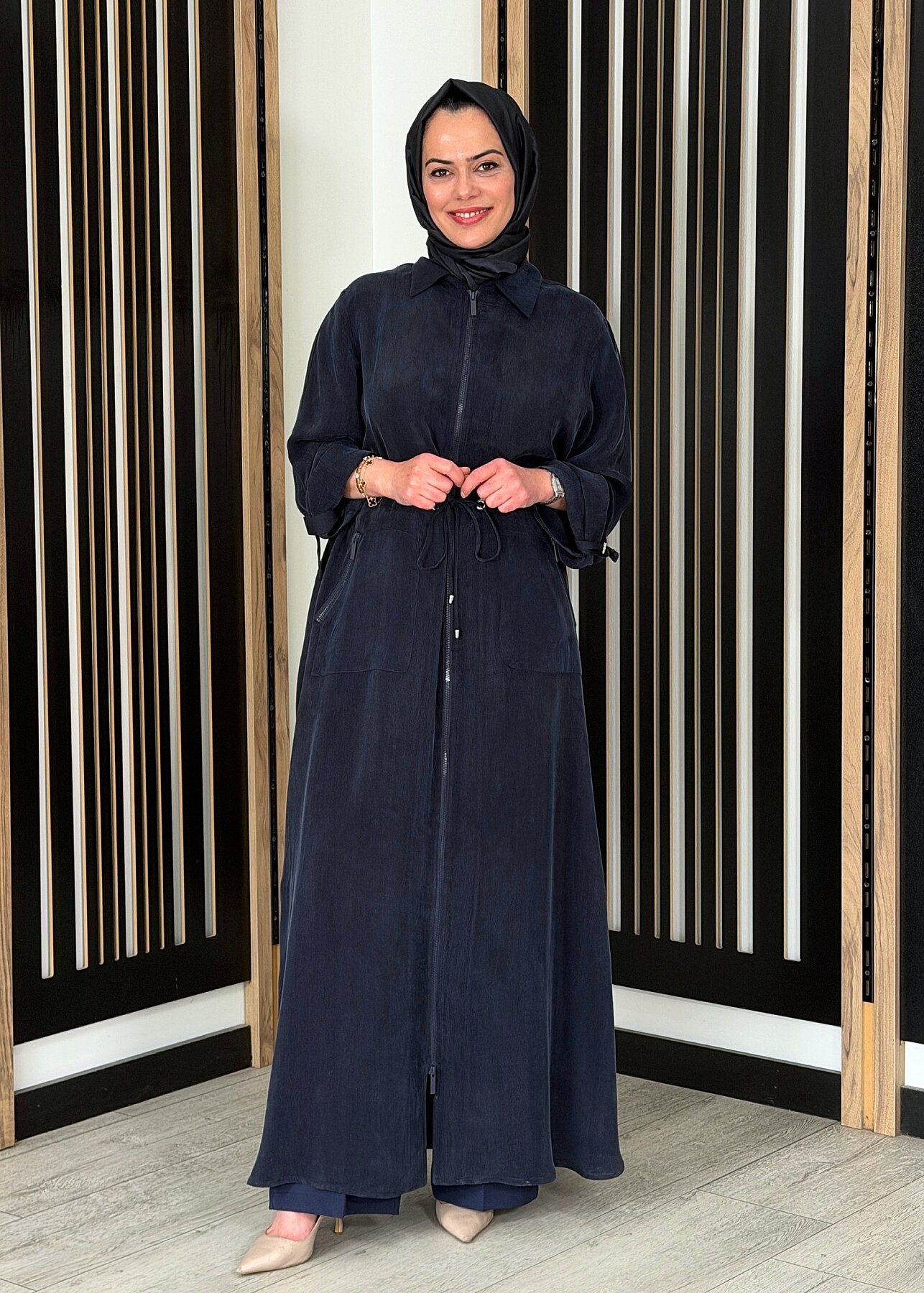 Miss Dalida Fermuarlı Beli Büzgülü Cupro Ceket Dark Navy - 3