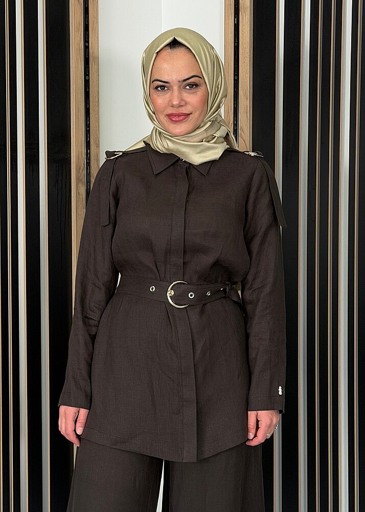 Miss Dalida Gizli Patlı Omuz Detaylı Keten Gömlek Cacao - 3