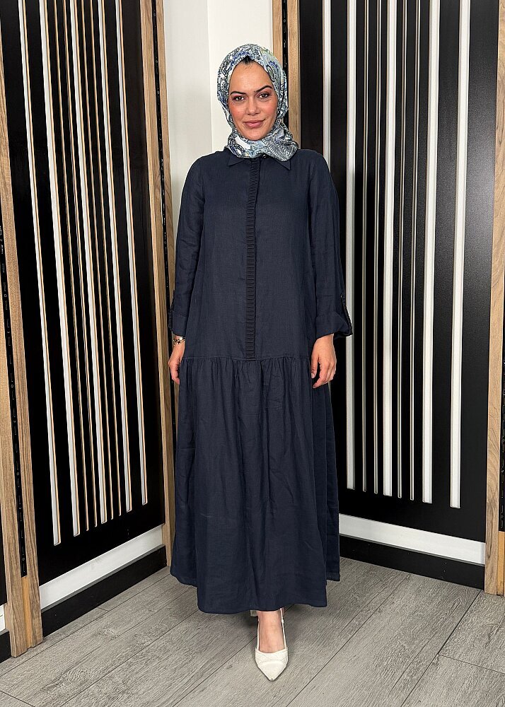 Miss Dalida Gömlek Yaka Bekletme Detaylı Keten Elbise Dark Navy - 2