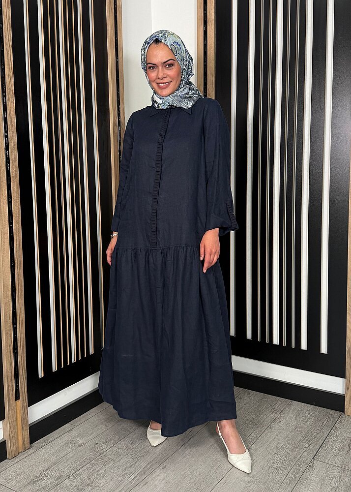 Miss Dalida Gömlek Yaka Bekletme Detaylı Keten Elbise Dark Navy - 4