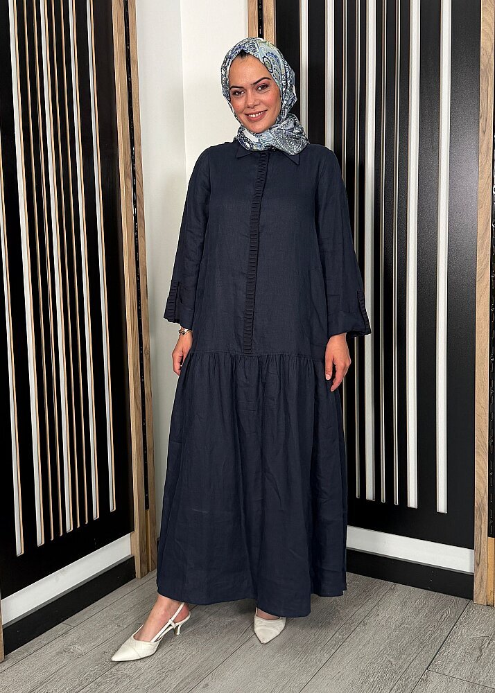 Miss Dalida Gömlek Yaka Bekletme Detaylı Keten Elbise Dark Navy