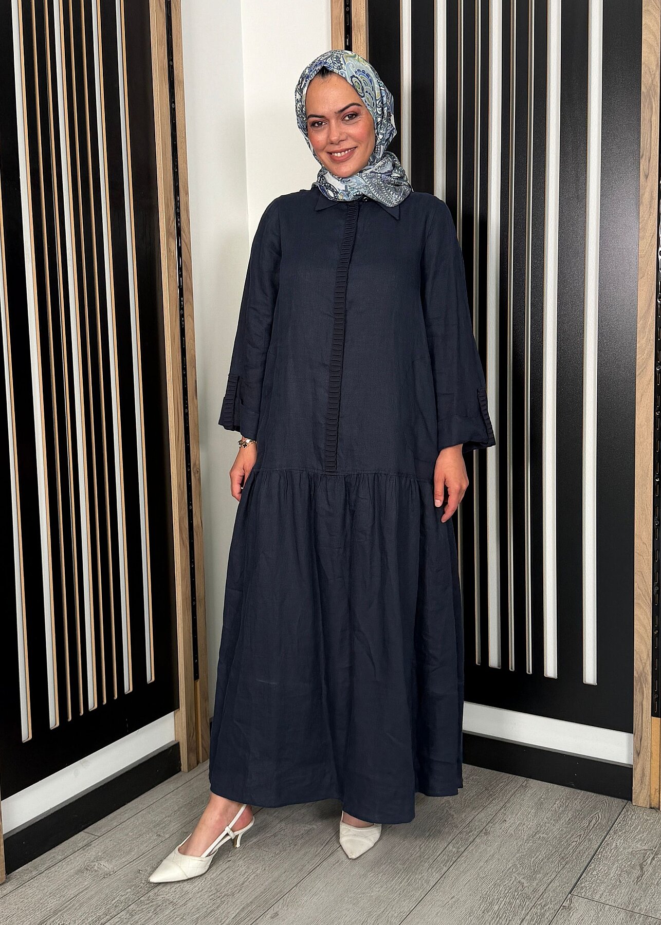 Miss Dalida Gömlek Yaka Bekletme Detaylı Keten Elbise Dark Navy - 1