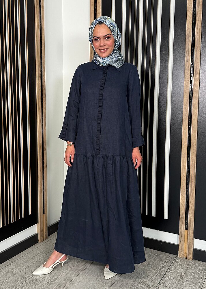 Miss Dalida Gömlek Yaka Bekletme Detaylı Keten Elbise Dark Navy - 5