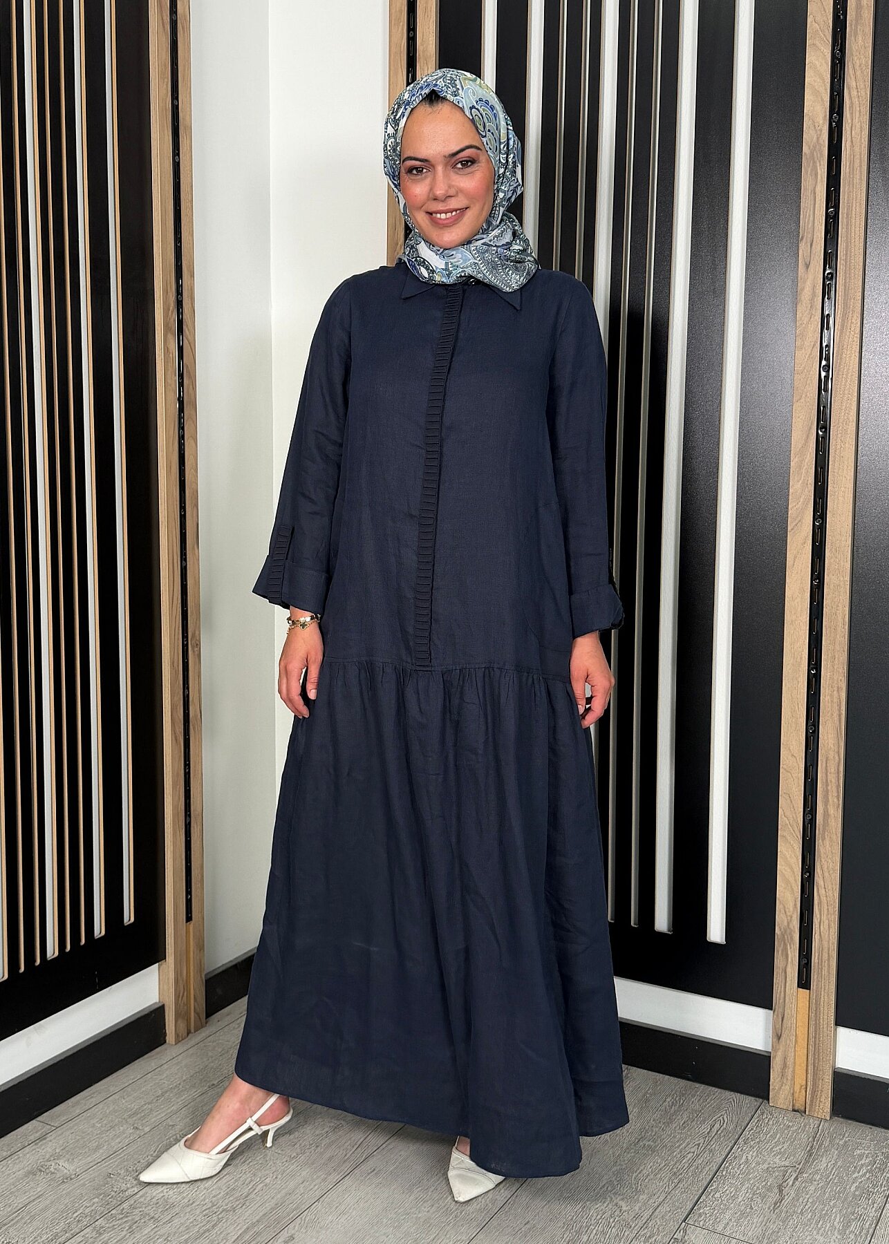 Miss Dalida Gömlek Yaka Bekletme Detaylı Keten Elbise Dark Navy - 5