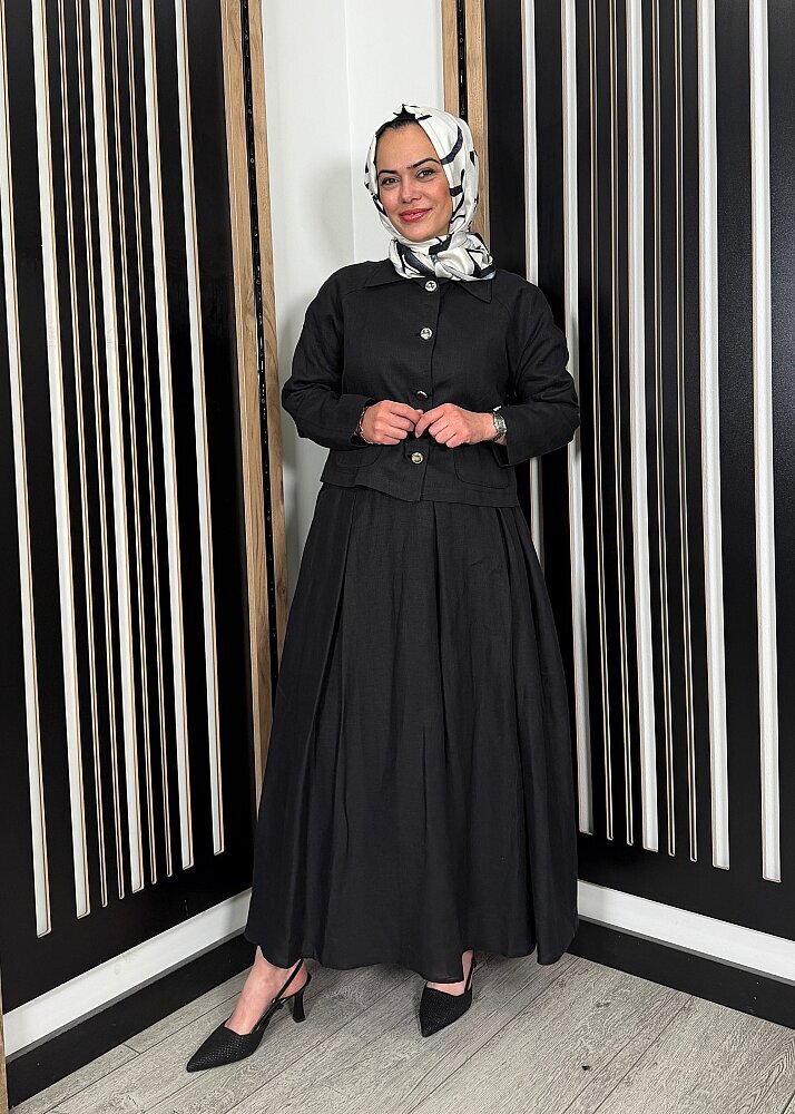 Miss Dalida Gömlek Yaka Cepli Keten Ceket BLACK - 4