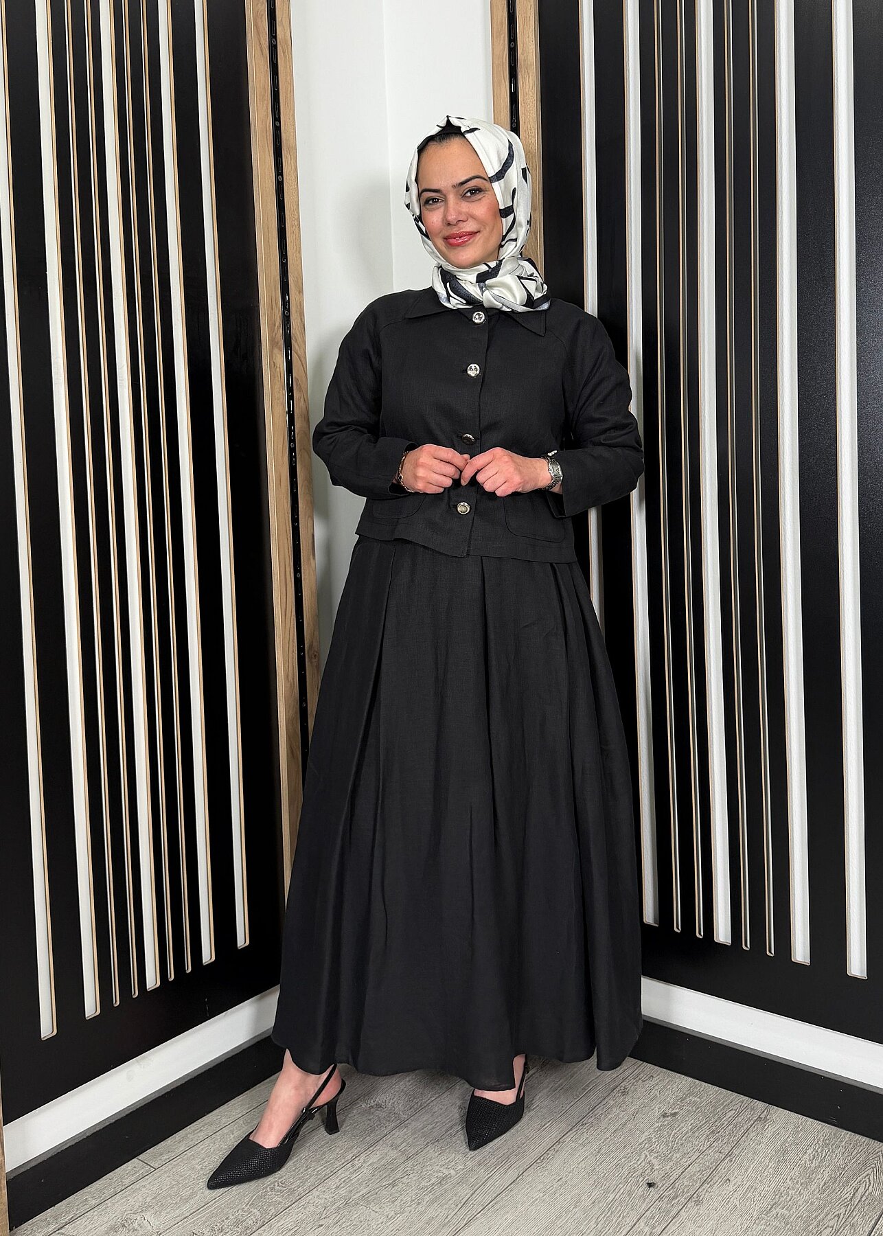 Miss Dalida Gömlek Yaka Cepli Keten Ceket BLACK - 4