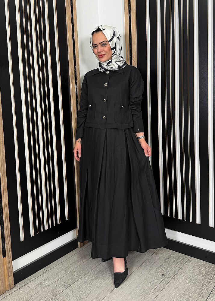 Miss Dalida Gömlek Yaka Cepli Keten Ceket BLACK - 5