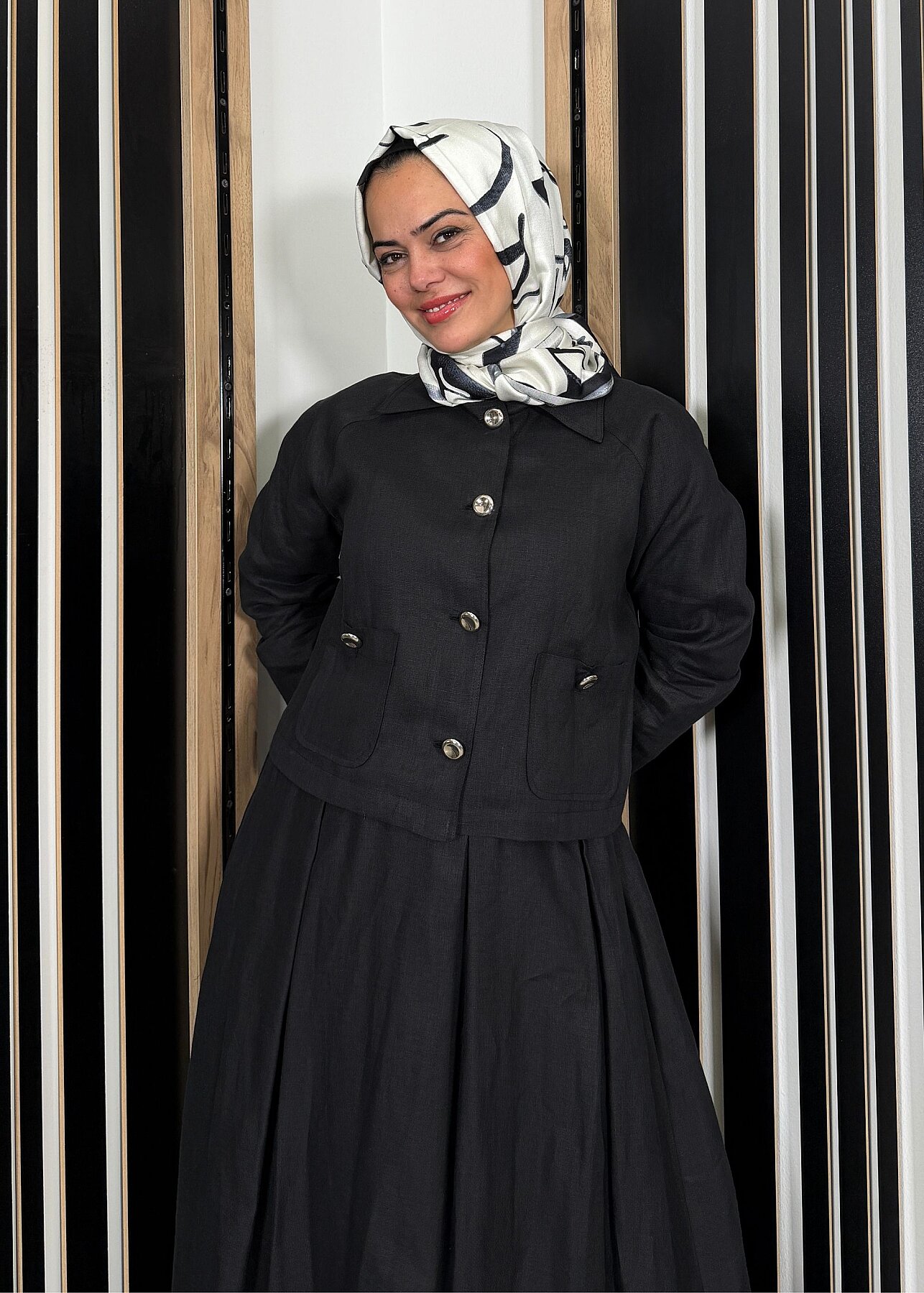 Miss Dalida Gömlek Yaka Cepli Keten Ceket BLACK - 3