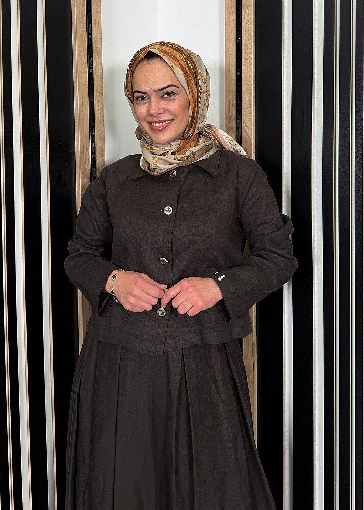 Miss Dalida Gömlek Yaka Cepli Keten Ceket Cacao - 2