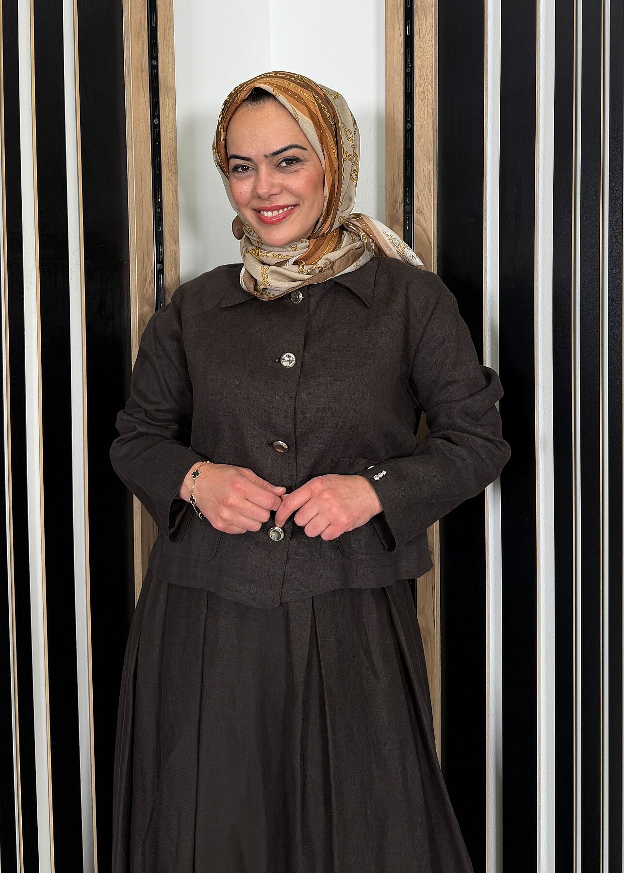 Miss Dalida Gömlek Yaka Cepli Keten Ceket Cacao - 2