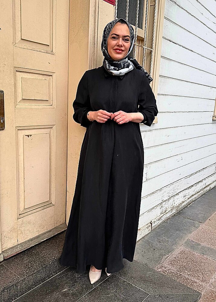 Miss Dalida Gömlek Yaka İpek Keten Uzun Elbise BLACK - 2