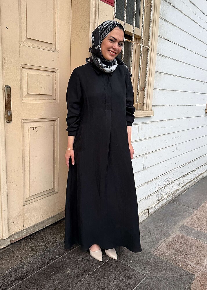 Miss Dalida Gömlek Yaka İpek Keten Uzun Elbise BLACK - 3