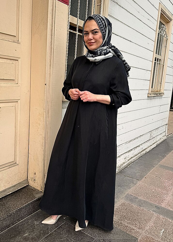 Miss Dalida Gömlek Yaka İpek Keten Uzun Elbise BLACK