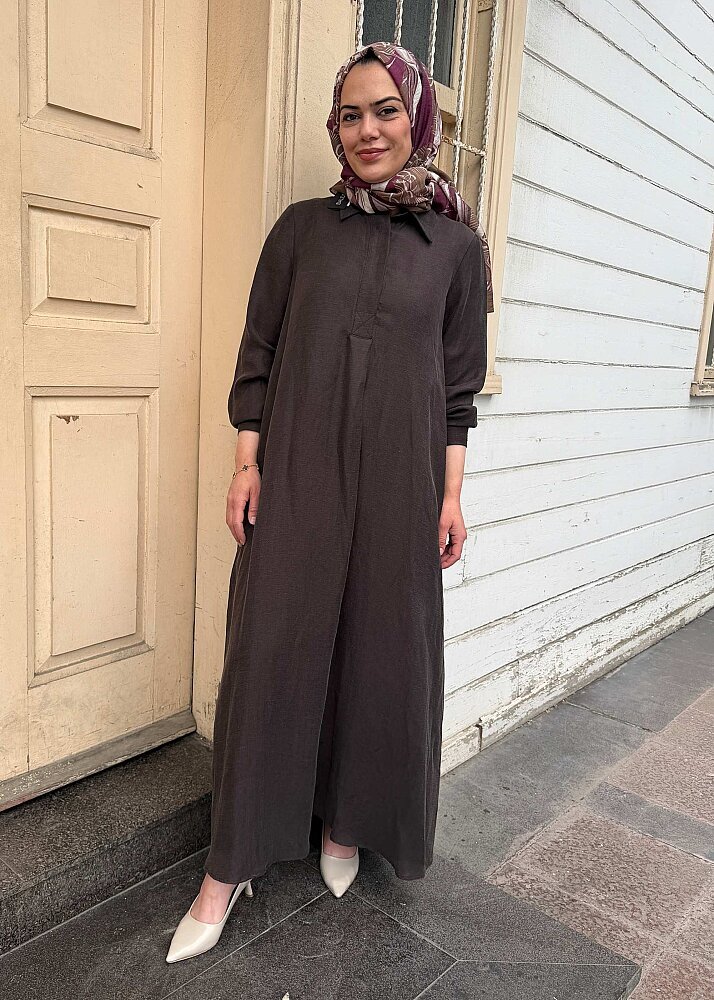 Miss Dalida Gömlek Yaka İpek Keten Uzun Elbise Cacao