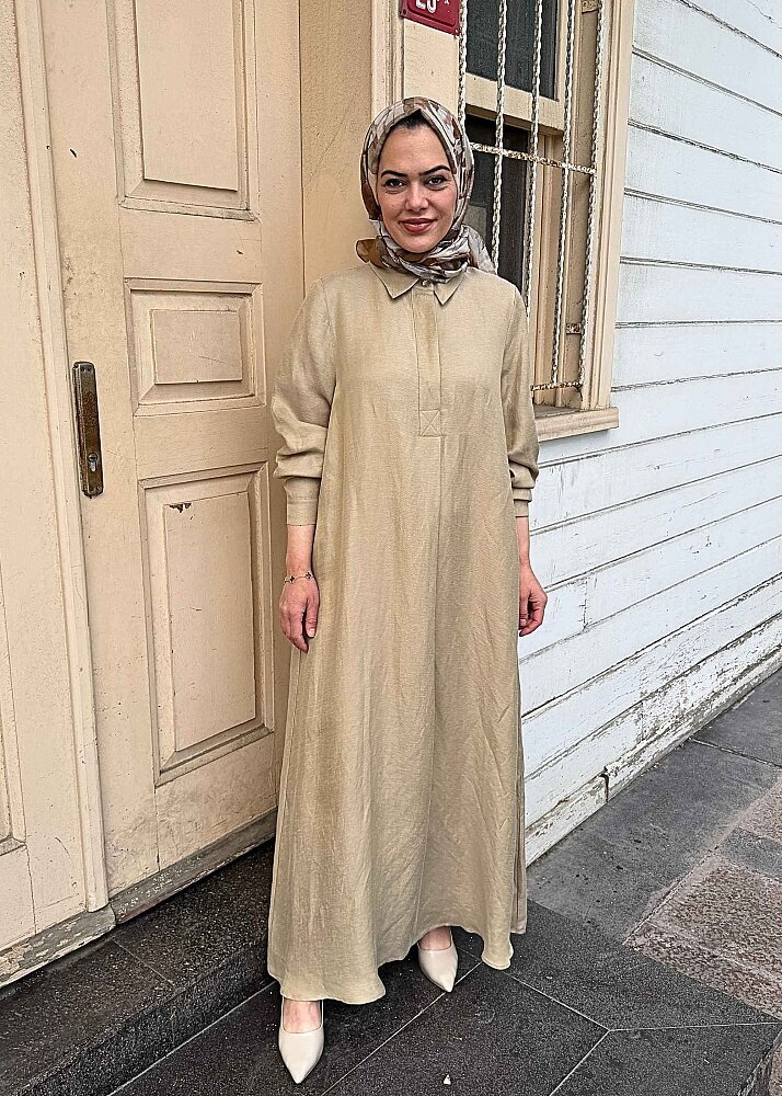 Miss Dalida Gömlek Yaka İpek Keten Uzun Elbise CAMEL