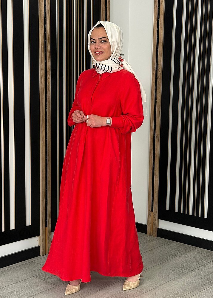 Miss Dalida Gömlek Yaka İpek Keten Uzun Elbise RED