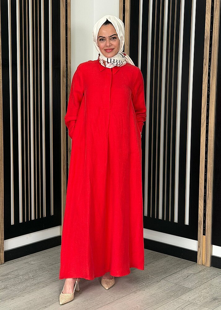 Miss Dalida Gömlek Yaka İpek Keten Uzun Elbise RED - 2