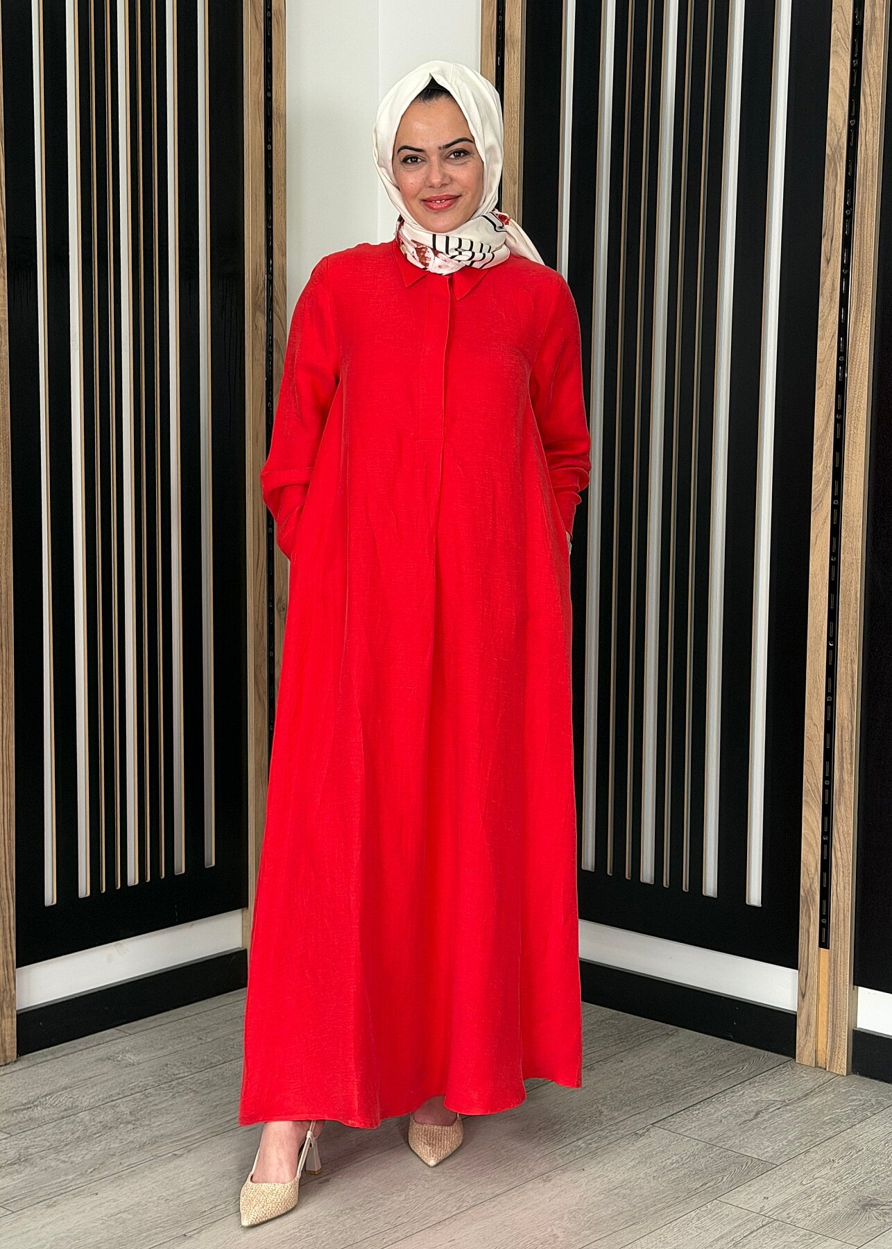 Miss Dalida Gömlek Yaka İpek Keten Uzun Elbise RED - 2