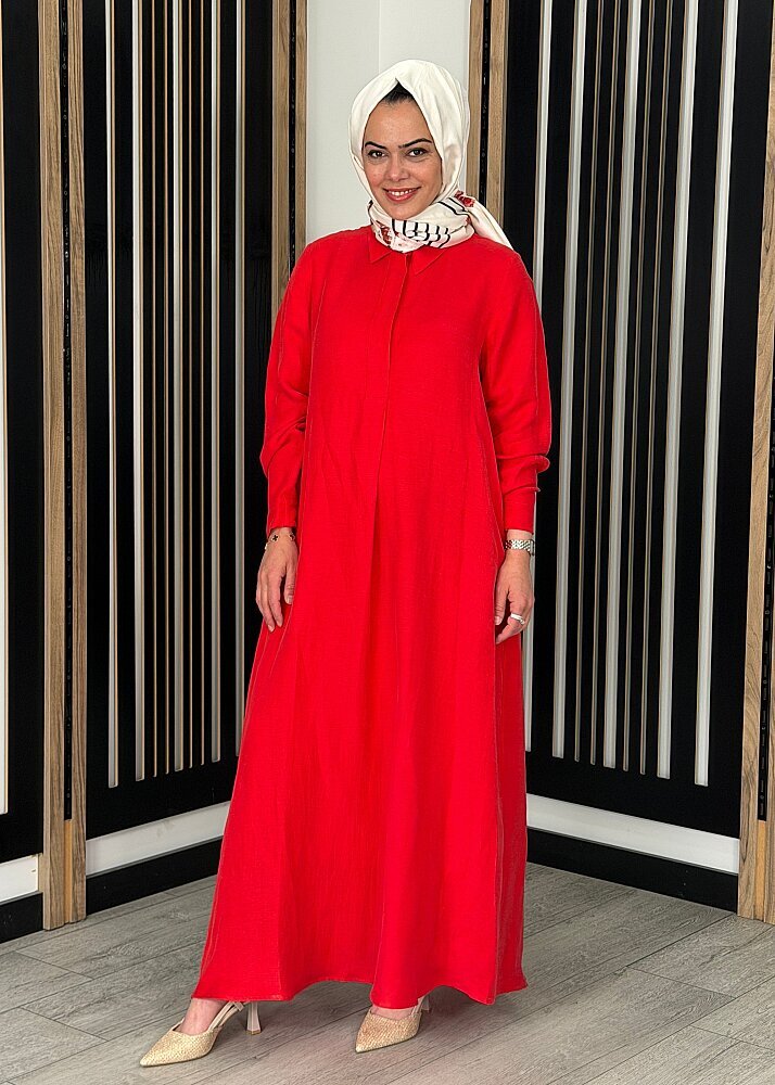Miss Dalida Gömlek Yaka İpek Keten Uzun Elbise RED - 3