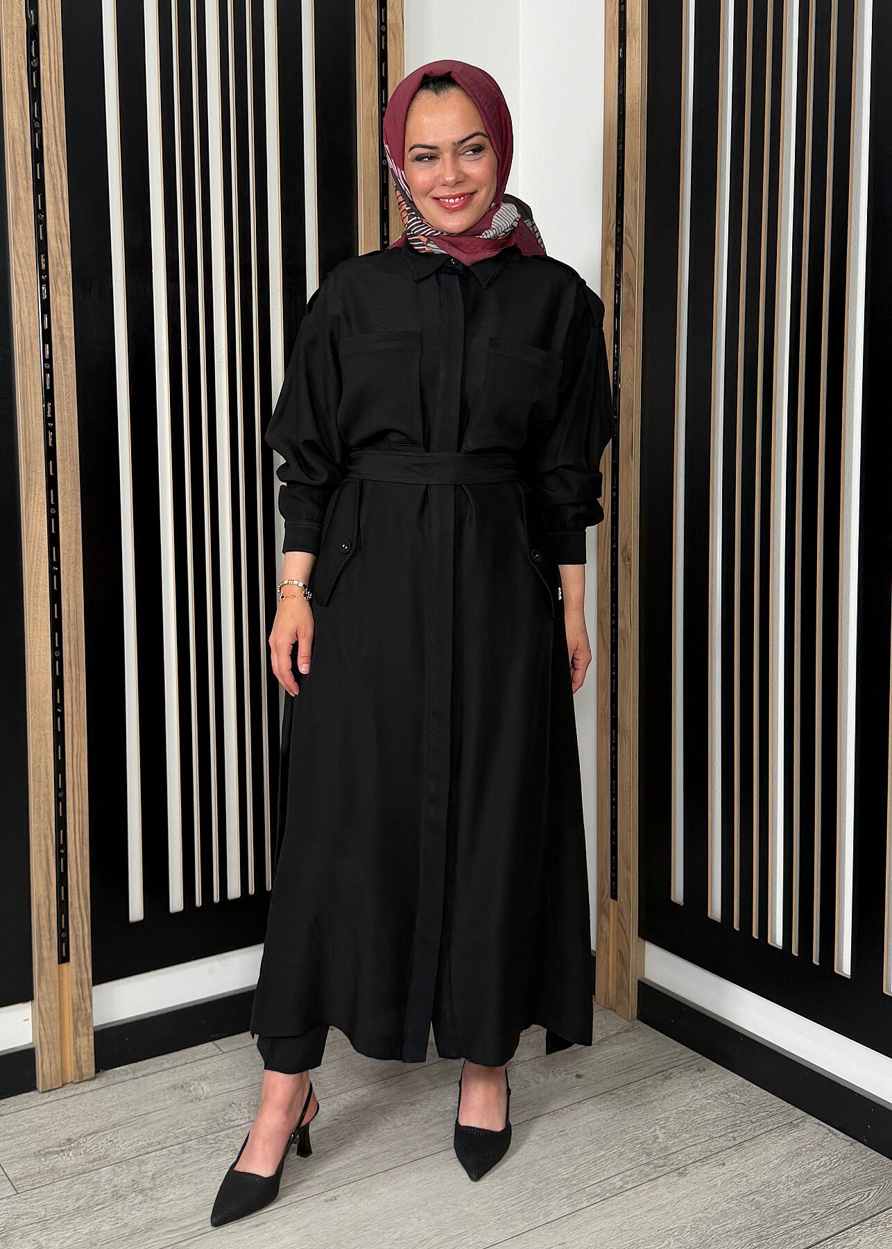 Miss Dalida İpek Keten Cepli Uzun Panço BLACK - 2