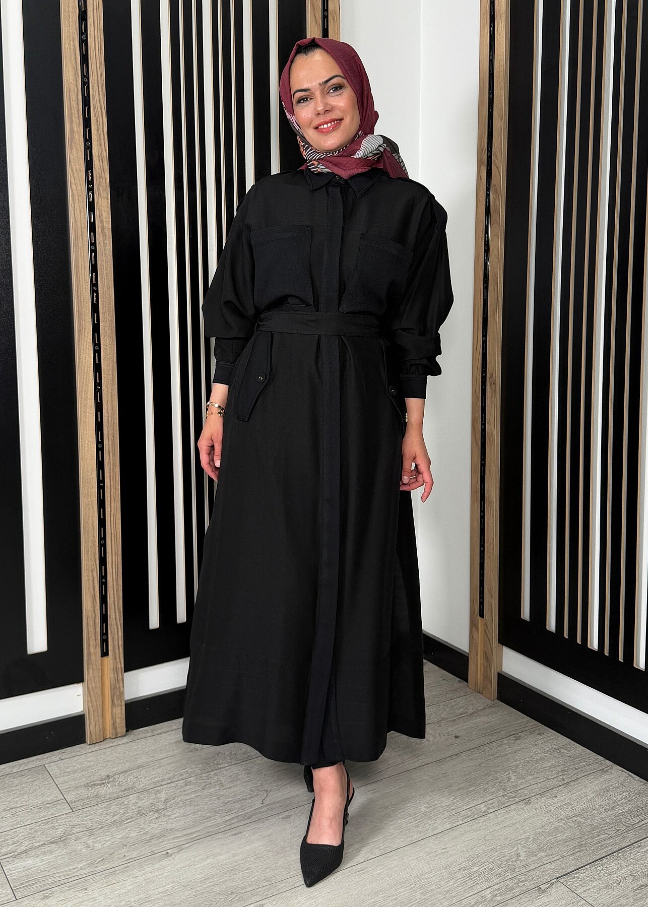 Miss Dalida İpek Keten Cepli Uzun Panço BLACK - 3