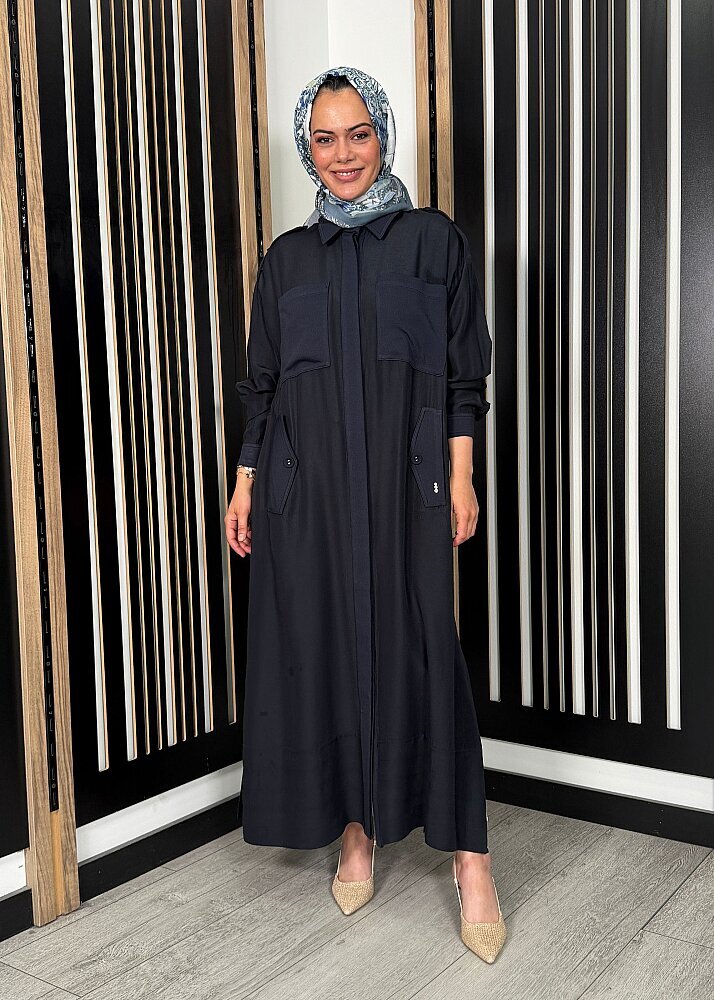 Miss Dalida İpek Keten Cepli Uzun Panço Dark Navy - 2