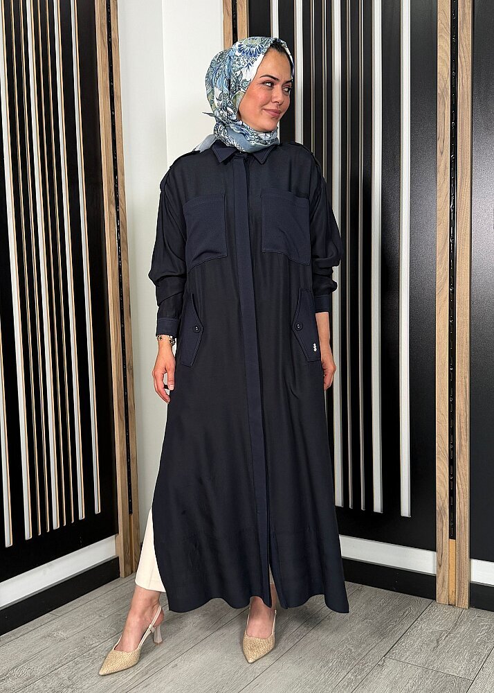 Miss Dalida İpek Keten Cepli Uzun Panço Dark Navy - 3