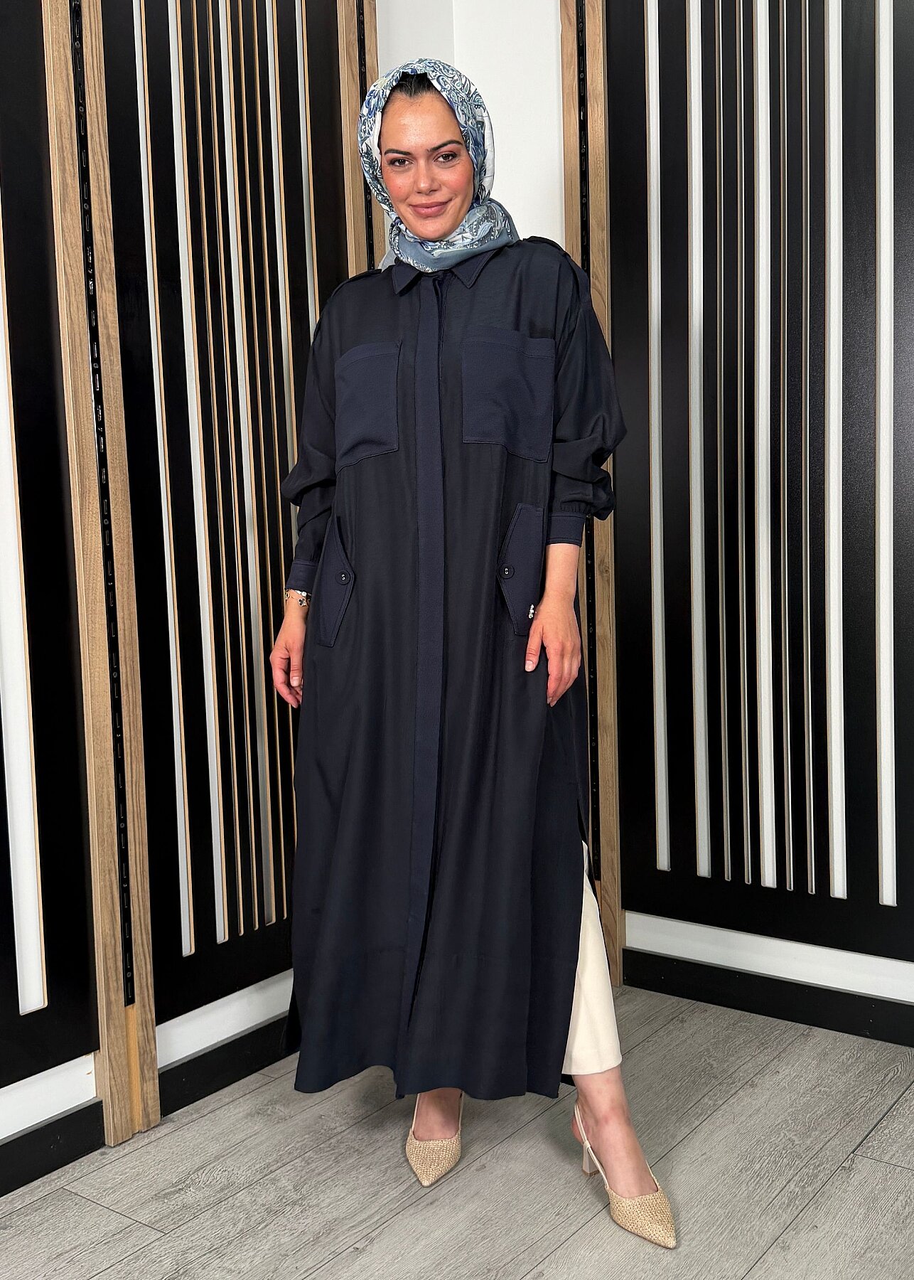 Miss Dalida İpek Keten Cepli Uzun Panço Dark Navy - 1