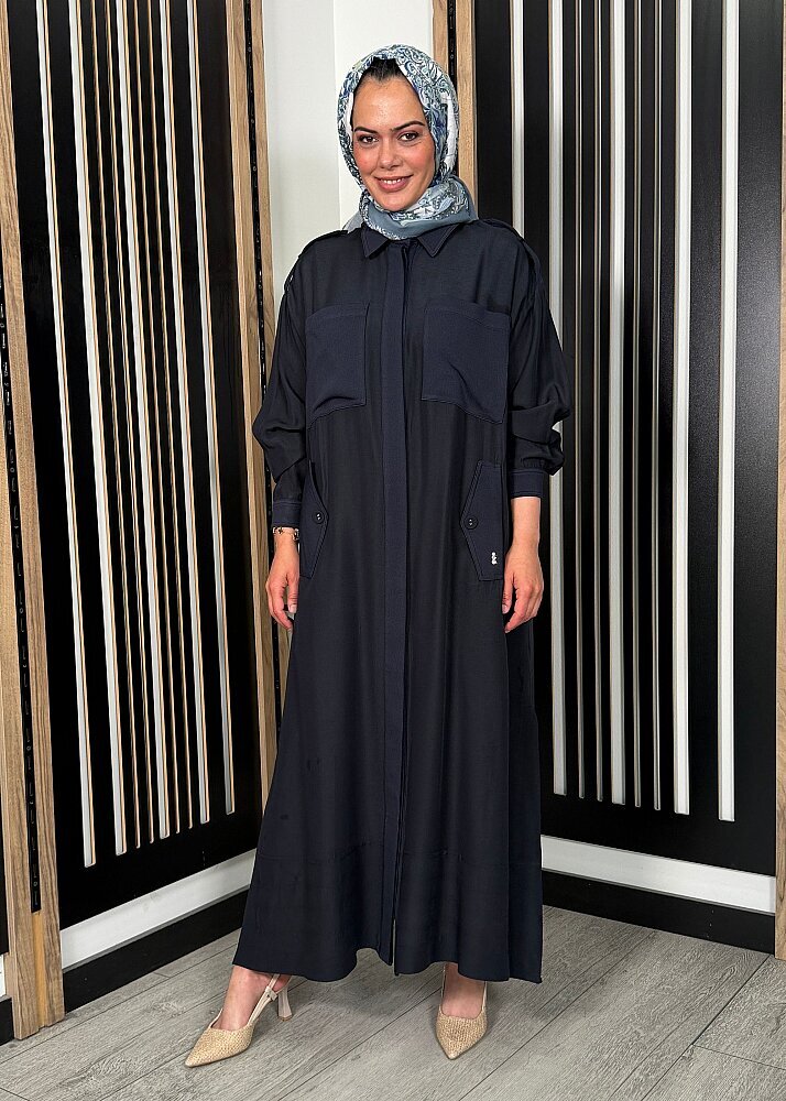 Miss Dalida İpek Keten Cepli Uzun Panço Dark Navy - 5
