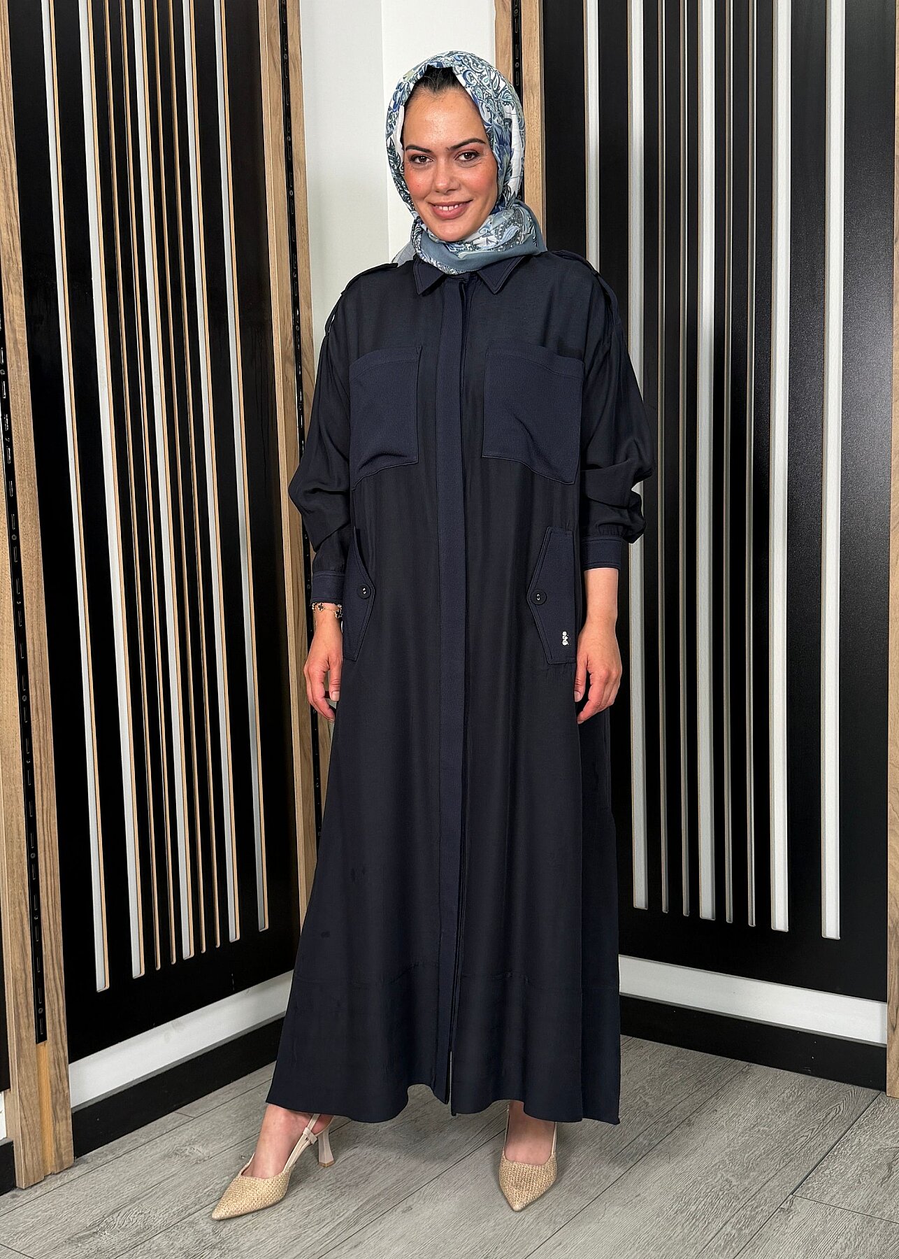 Miss Dalida İpek Keten Cepli Uzun Panço Dark Navy - 5