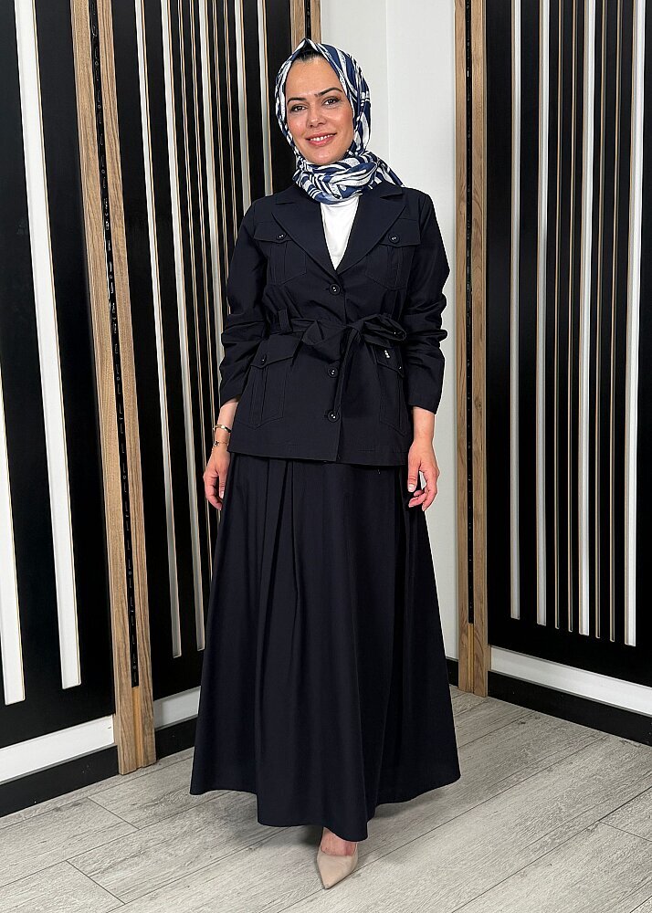 Miss Dalida Kemer Detaylı Pamuklu Kumaş Etek Dark Navy - 2
