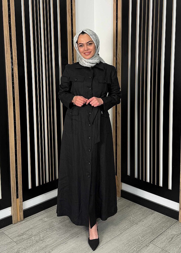Miss Dalida Kemer ve Cep Detaylı Keten Ceket BLACK - 2