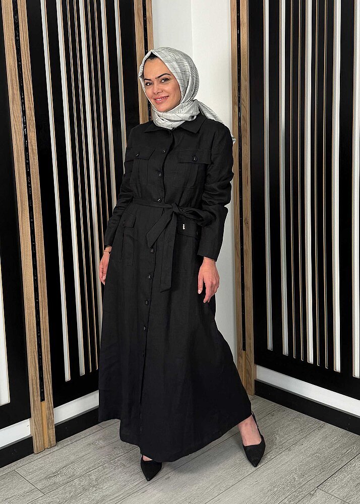 Miss Dalida Kemer ve Cep Detaylı Keten Ceket BLACK - 3