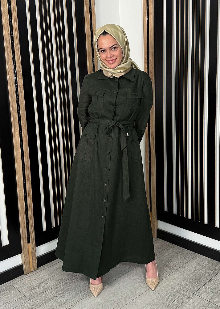 Miss Dalida Kemer ve Cep Detaylı Keten Ceket KHAKİ - 2