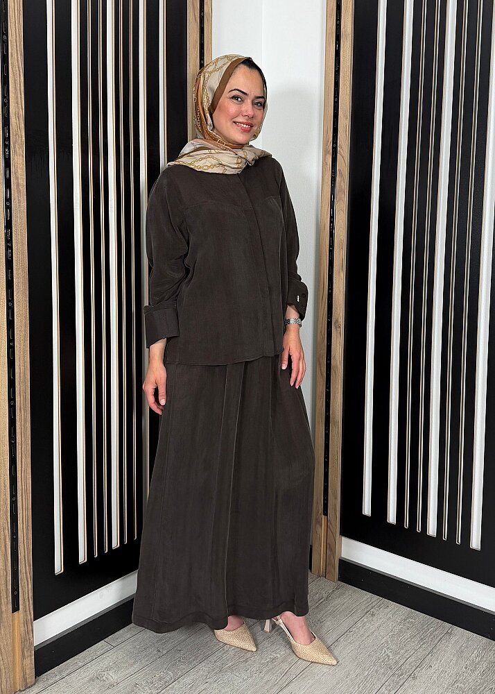 Miss Dalida Keten Korsajlı Cupro Etek Cacao - 3