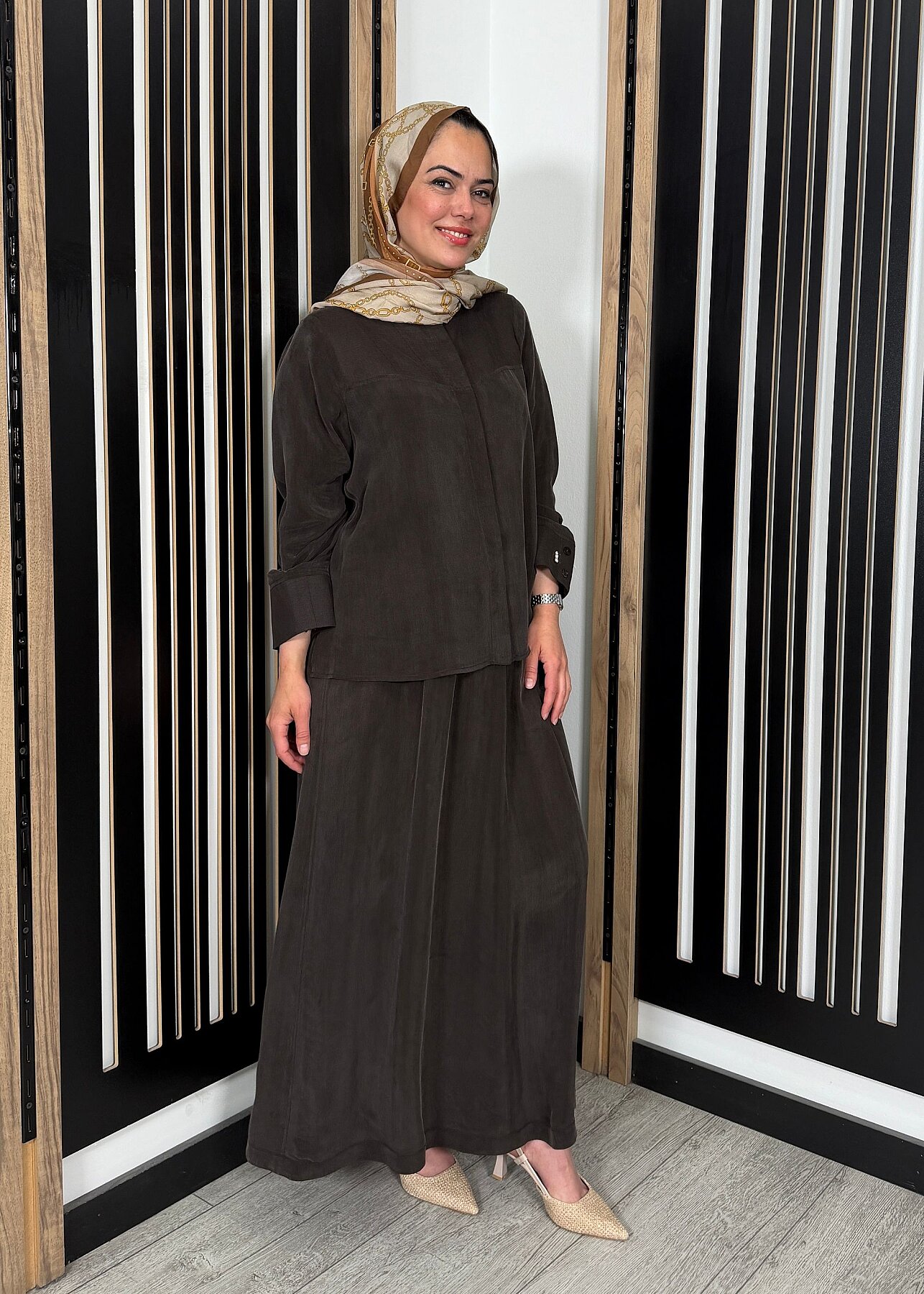 Miss Dalida Keten Korsajlı Cupro Etek Cacao - 3