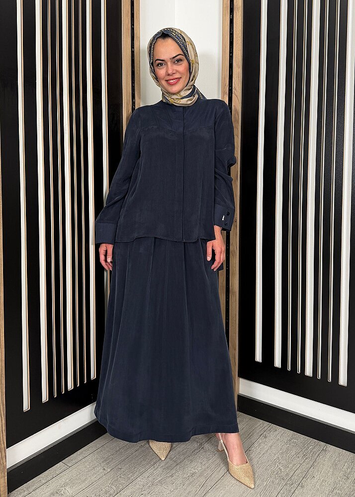 Miss Dalida Keten Korsajlı Cupro Etek Dark Navy - 4