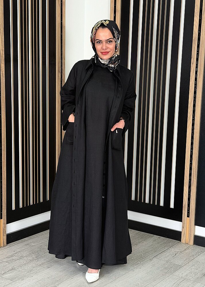 Miss Dalida Kolsuz Düz Renk Keten Elbise BLACK - 3