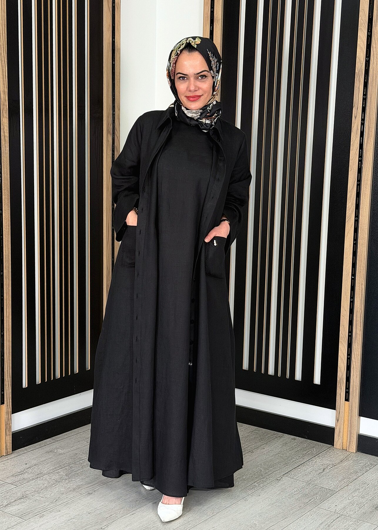 Miss Dalida Kolsuz Düz Renk Keten Elbise BLACK - 3