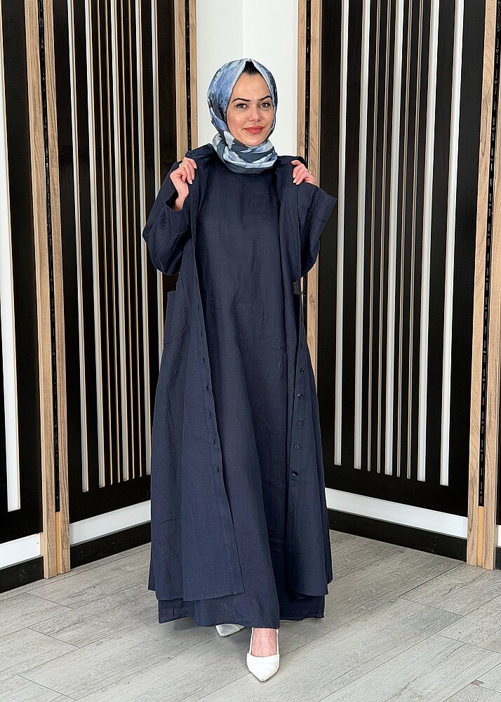 Miss Dalida Kolsuz Düz Renk Keten Elbise Dark Navy - 2