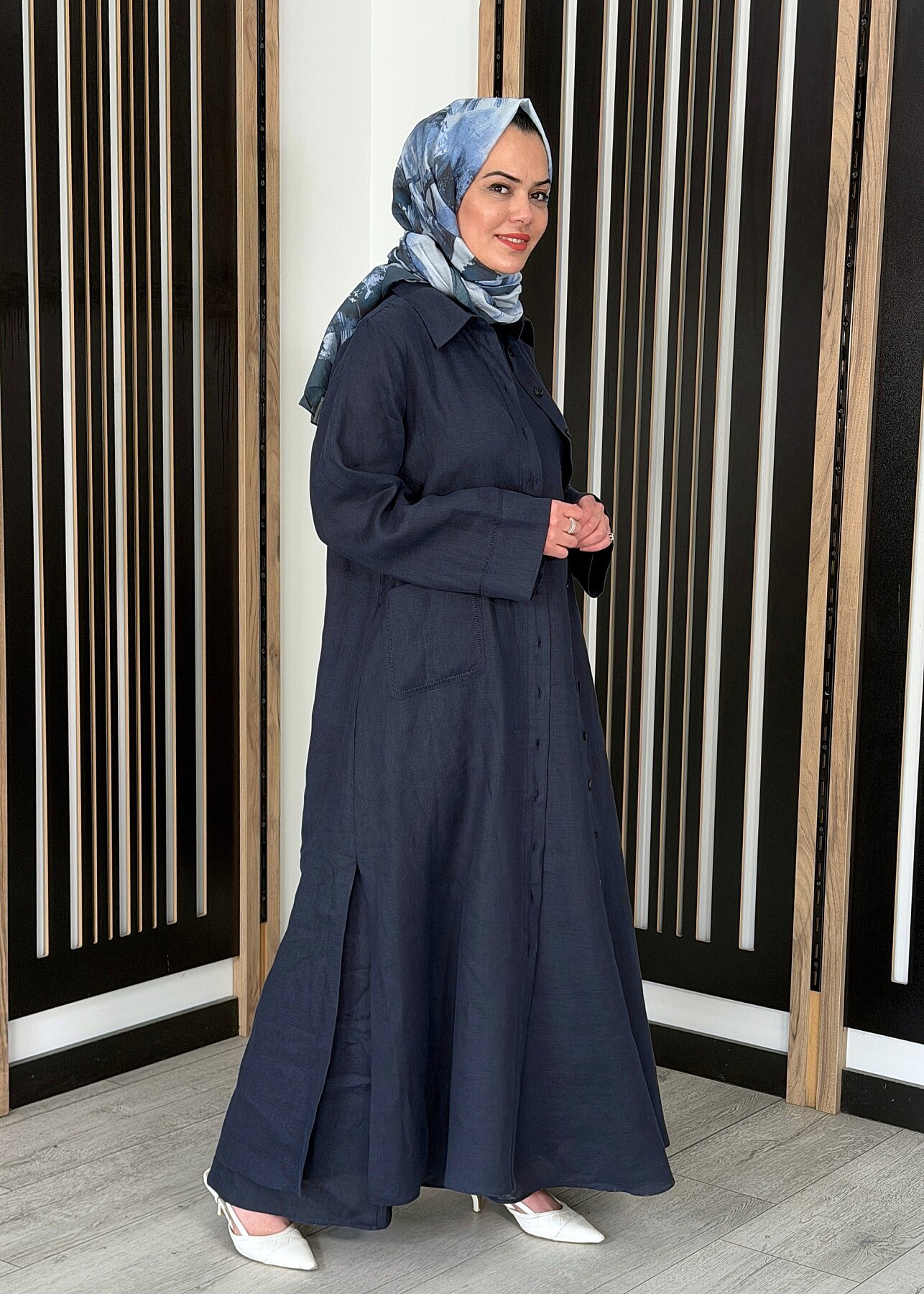 Miss Dalida Kolsuz Düz Renk Keten Elbise Dark Navy - 3